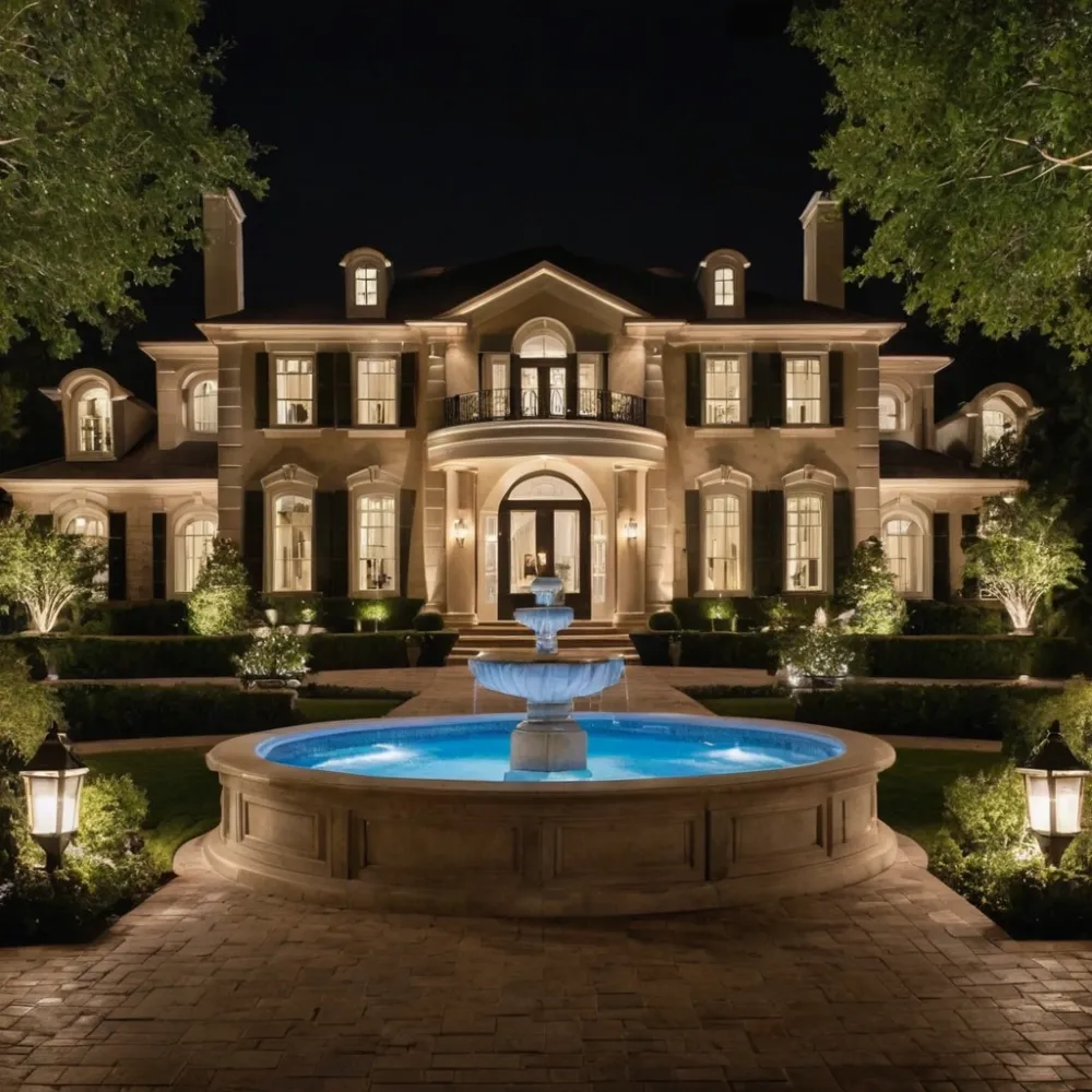 Stark luxury high-end estate mansion with illuminated fountain
